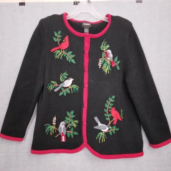 Vintage Cardinal Black Cardigan Sweater Songbird | Size XL - Picture 5 of 8